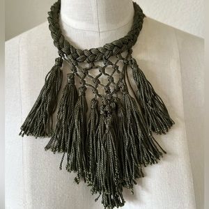 HANDMADE Statement Macrame Green Fringe Necklace Gold Hardware